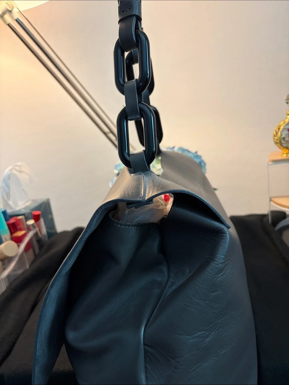 Structured Black Leather Satchel bag with Chunky Chain Strap